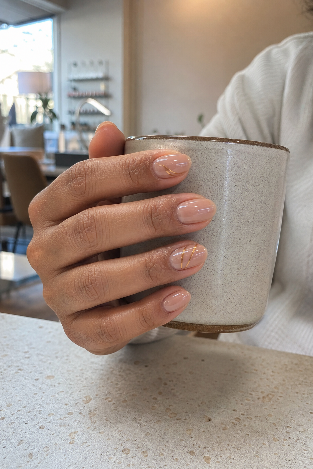 Nail art com linhas douradas